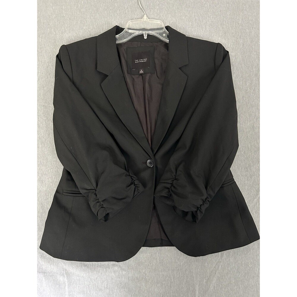 Express Blazer Womens Med Black Ruched 3/4 Sleeve Jacket Notch Two Button Stetch